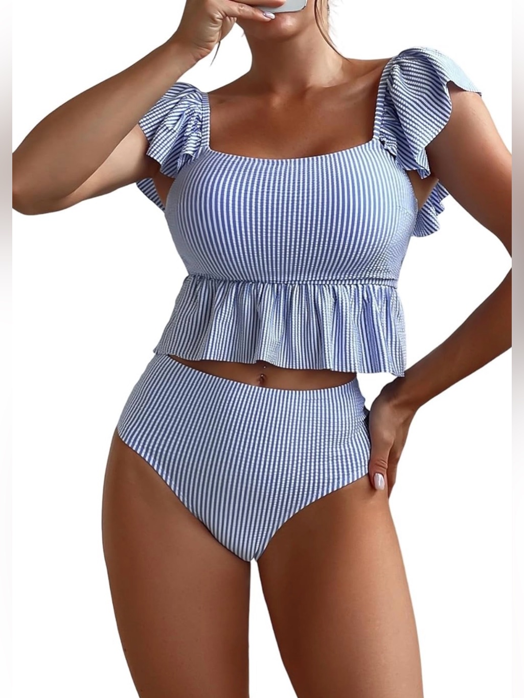 Nwot Soly Hux Blue & White Ruffle Striped 2pc Tankini Swimsuit Women's Xs